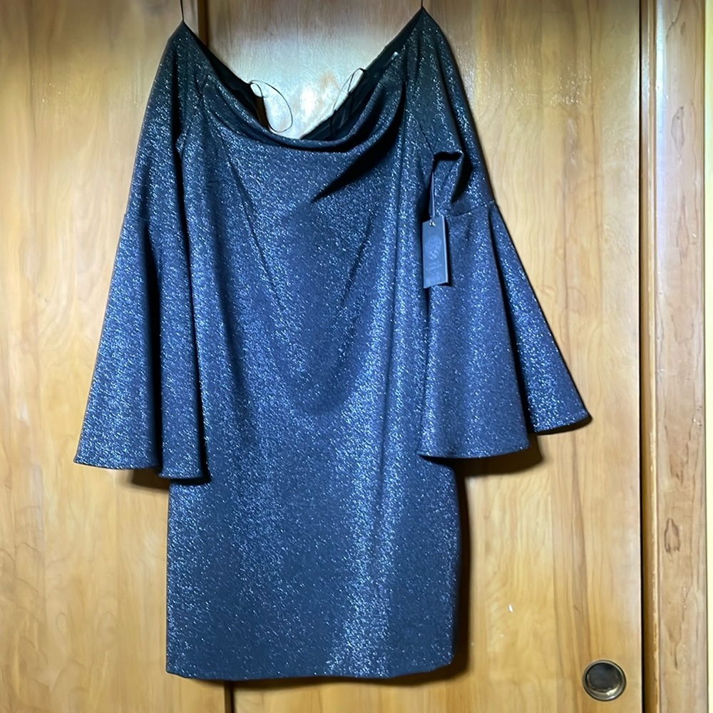 grey silver shiny dress  with flair bell sleeves